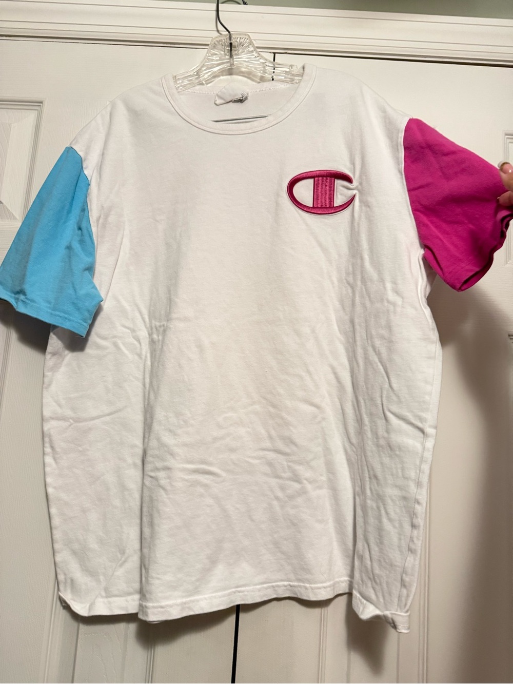 Champion Colorblock Short Sleeve Tee in White, Pink & Blue